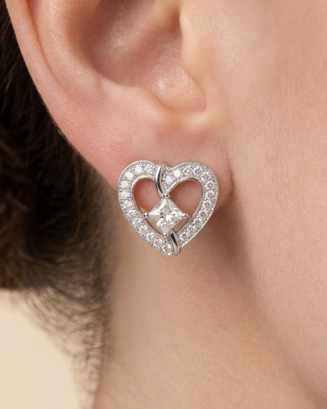 Princess Cut Heart Earrings Sterling Silver