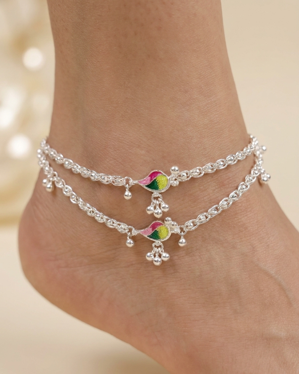 Traditional Peacock Link Silver Payal