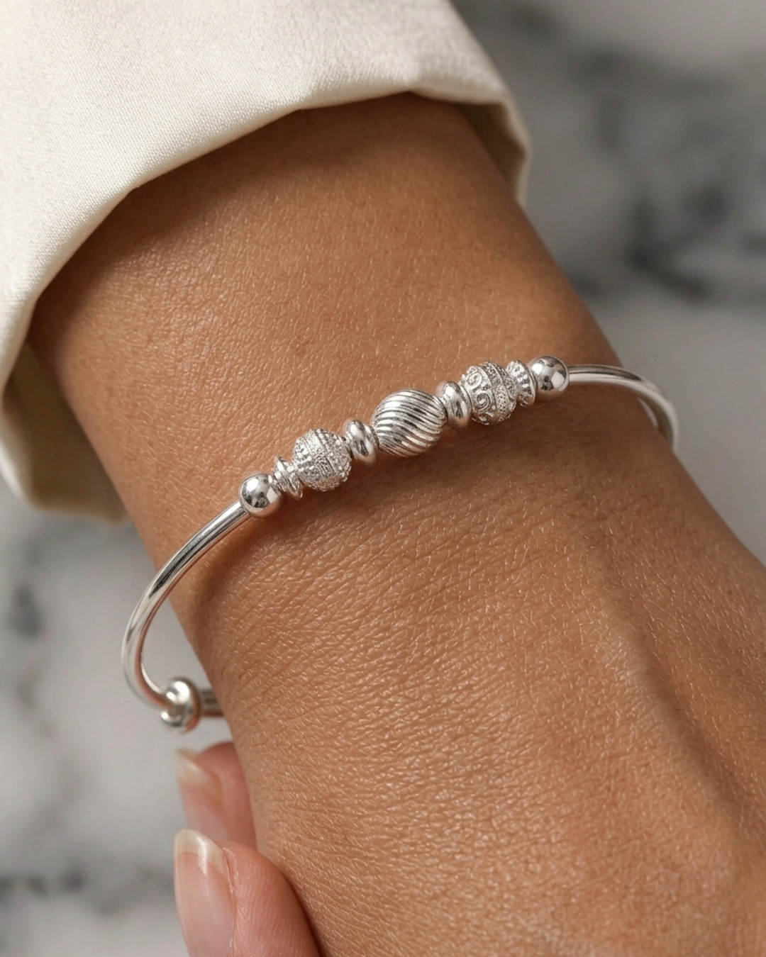 Textured Bead Bangles Sterling Silver