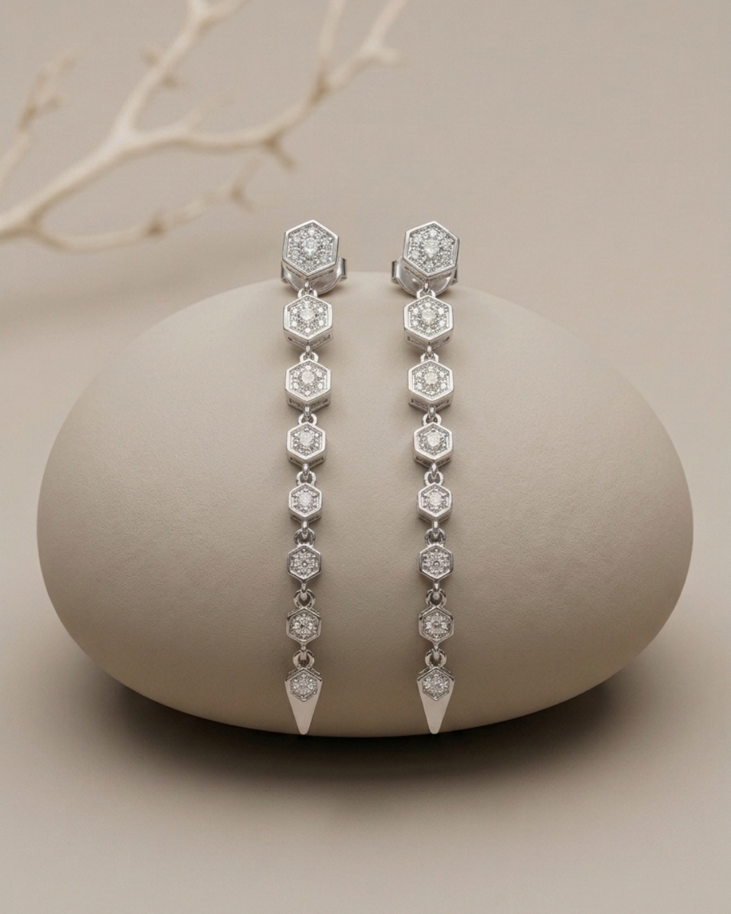 Hexagonal Drop Stud Earrings Sterling Silver