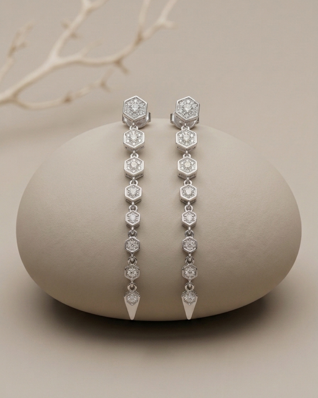Hexagonal Drop Stud Earrings Sterling Silver
