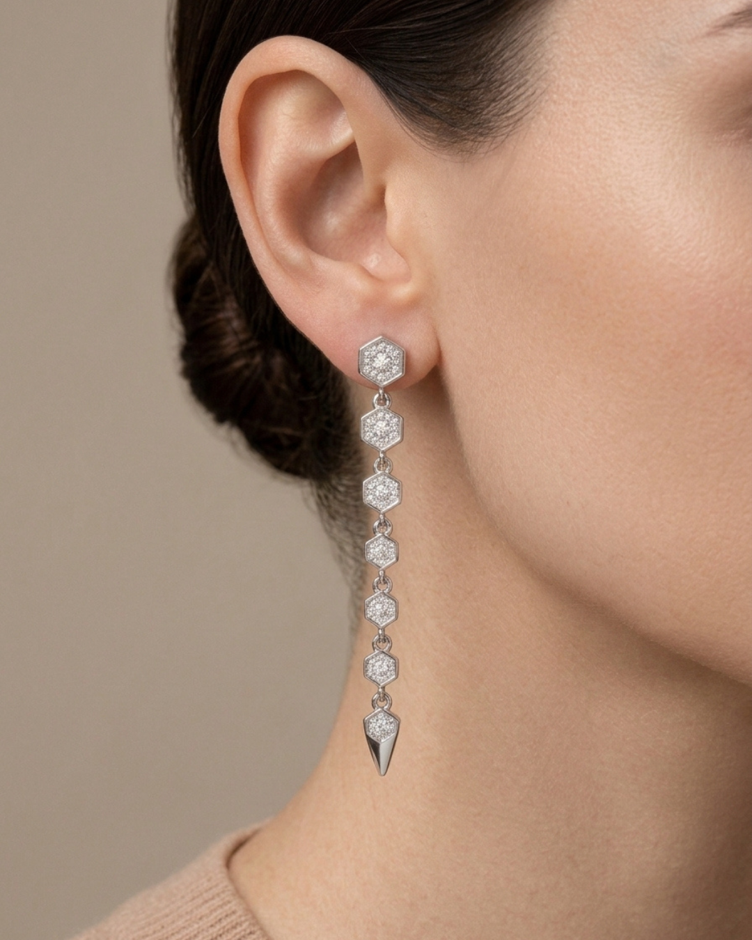 Hexagonal Drop Stud Earrings Sterling Silver