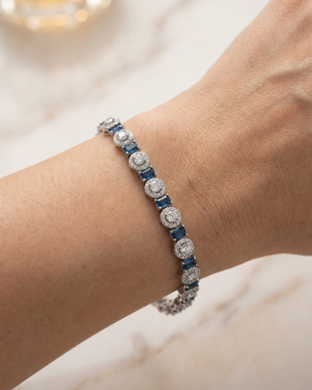 Sapphire Geometric Halo Silver Bracelet