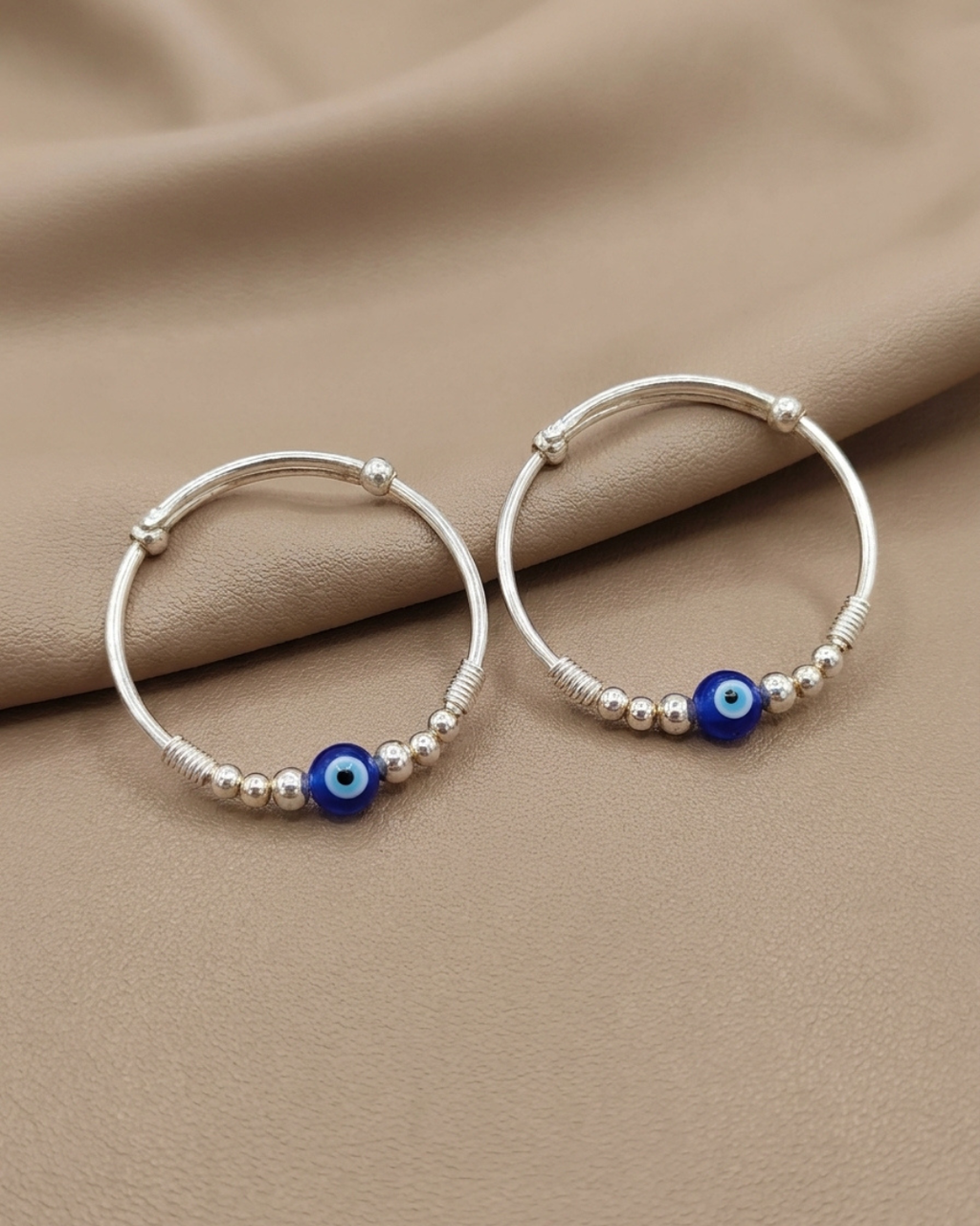 Evil Eye Beaded Bangle Pair Sterling Silver