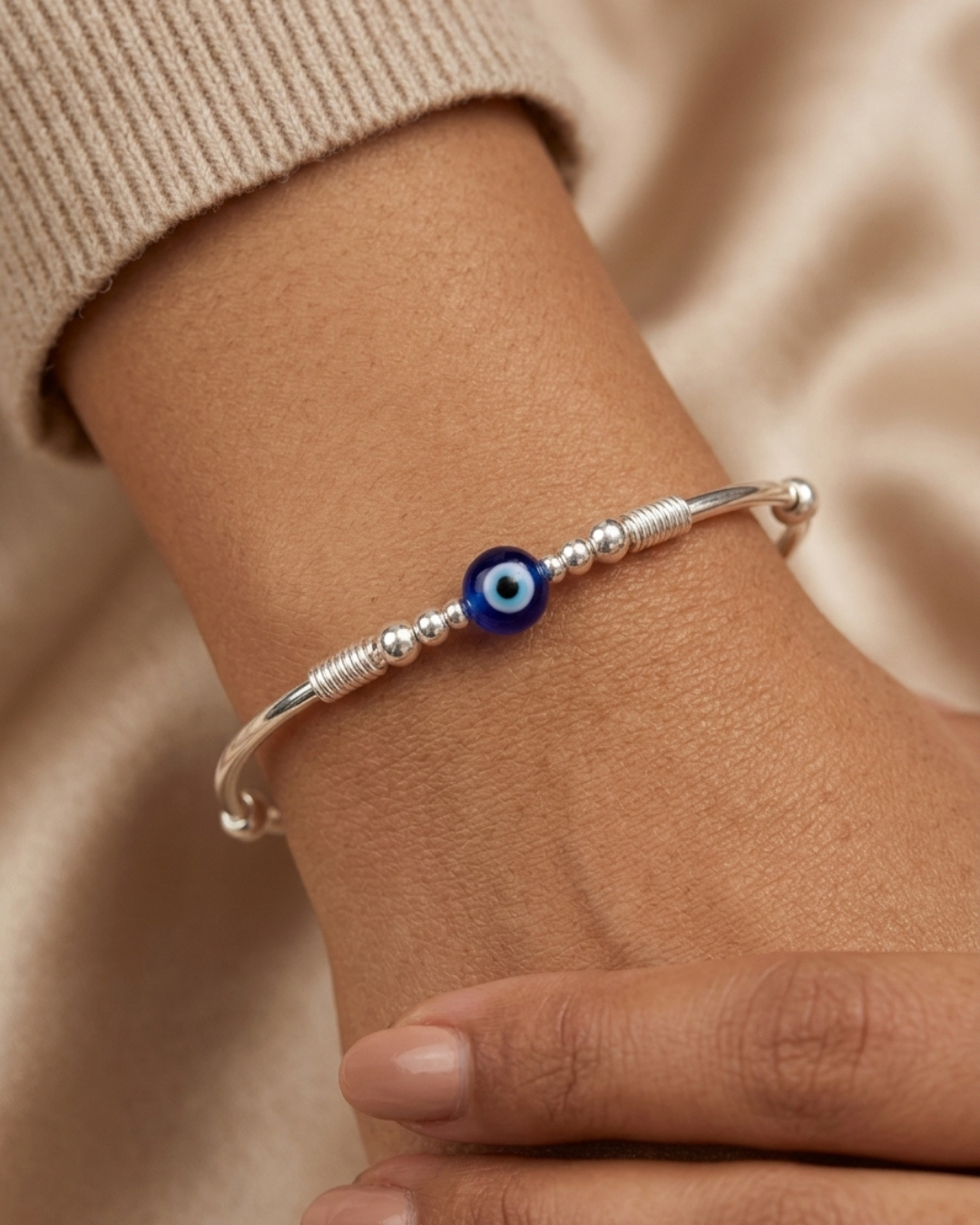 Evil Eye Beaded Bangle Pair Sterling Silver