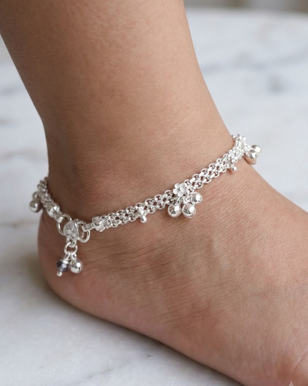 Kids Floral Charm Anklet Sterling Silver