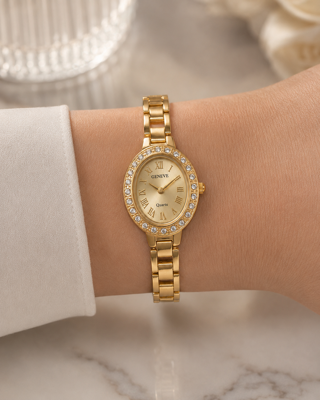 Geneve Gold Plated Crystal Oval Watch