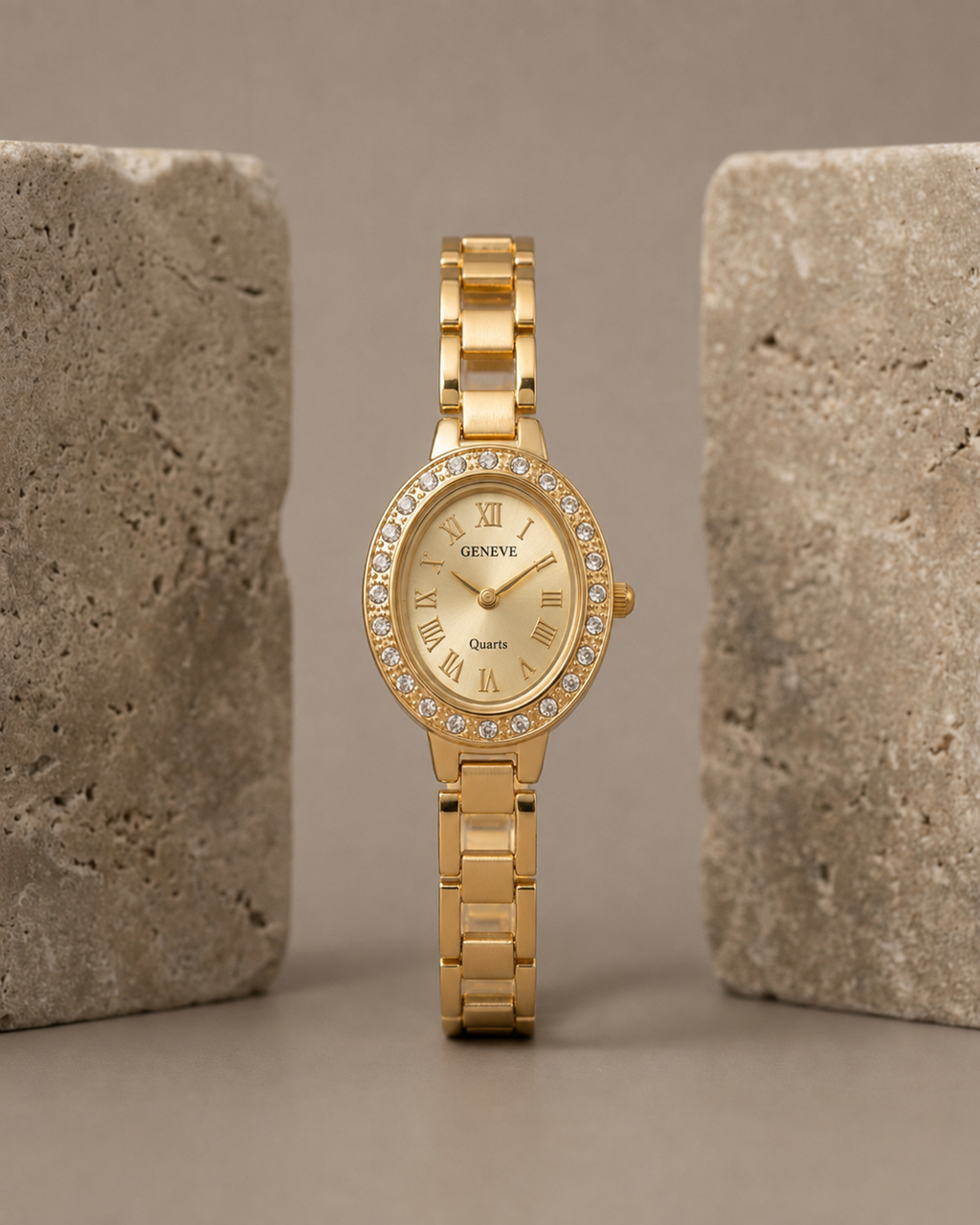 Geneve Gold Plated Crystal Oval Watch