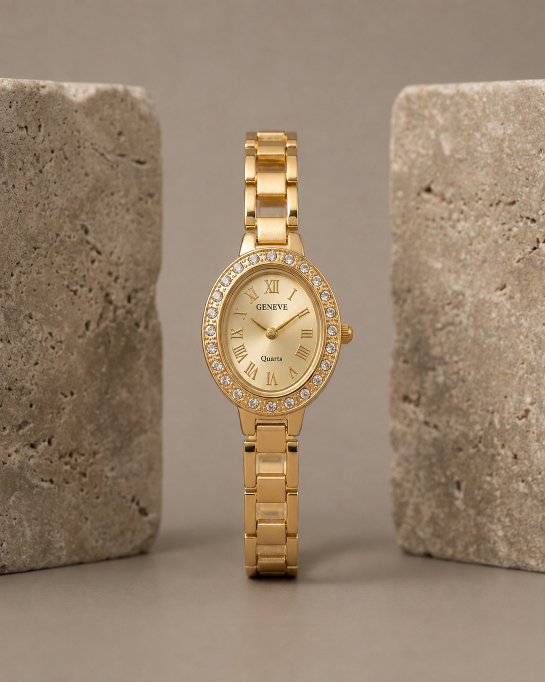 Geneve Gold Plated Crystal Oval Watch
