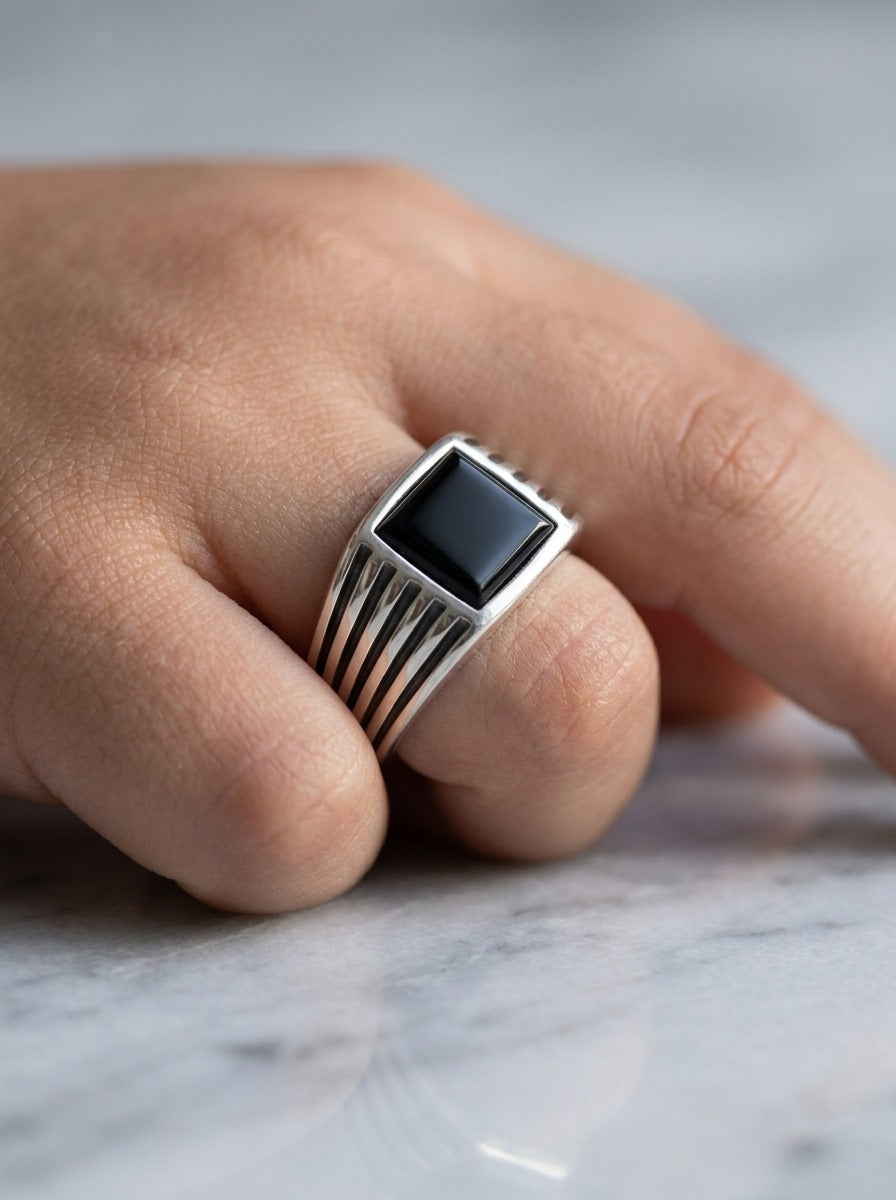 Junior Onyx Elite Silver Square Ring