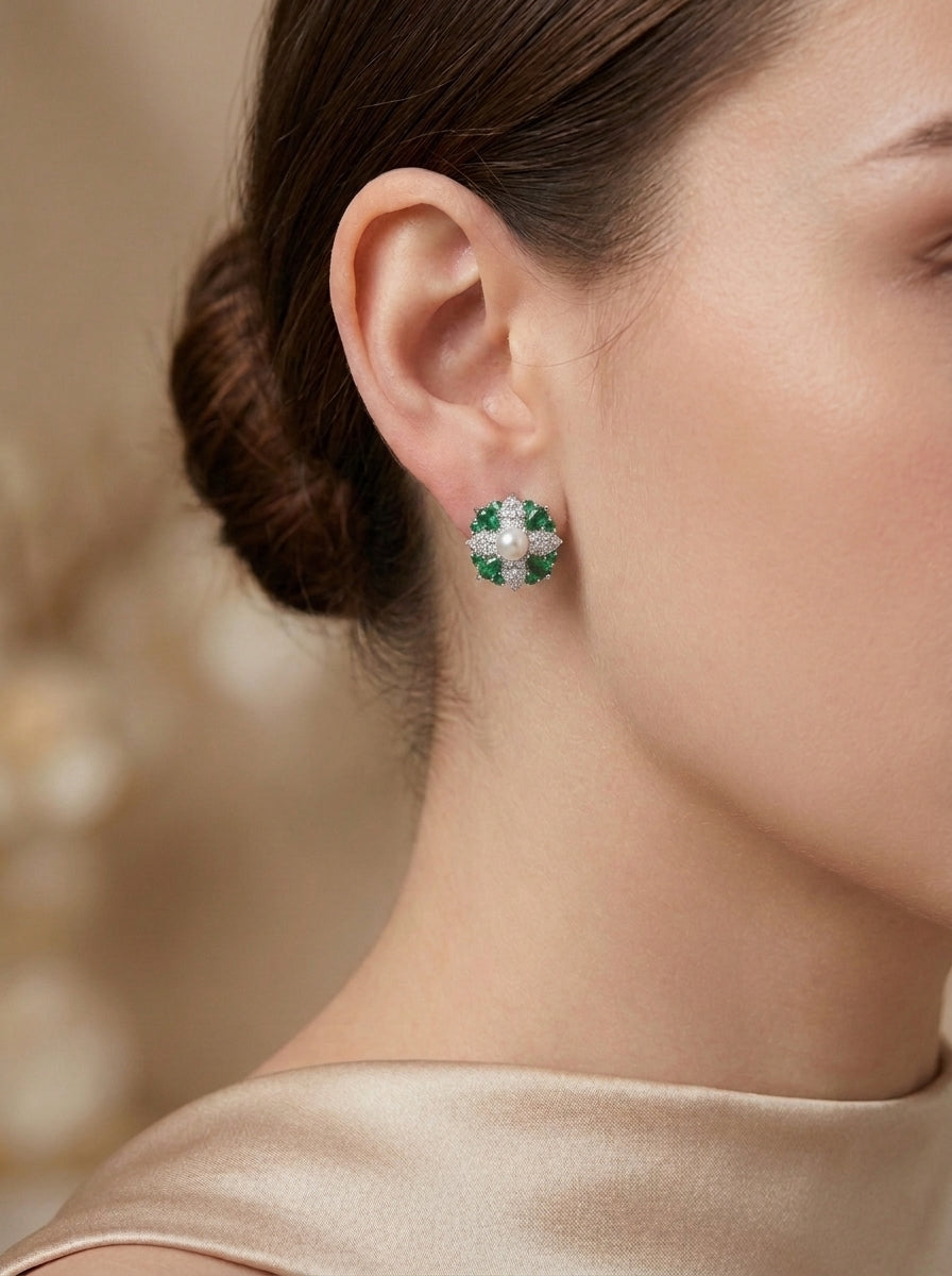 Pearl Emerald Stud Earrings Sterling Silver