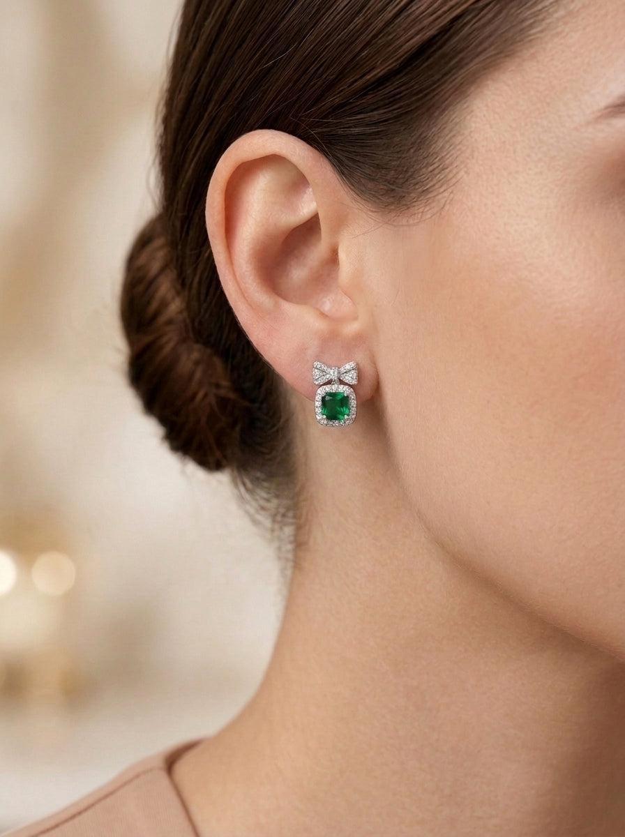 Bowknot Emerald Earrings Silver