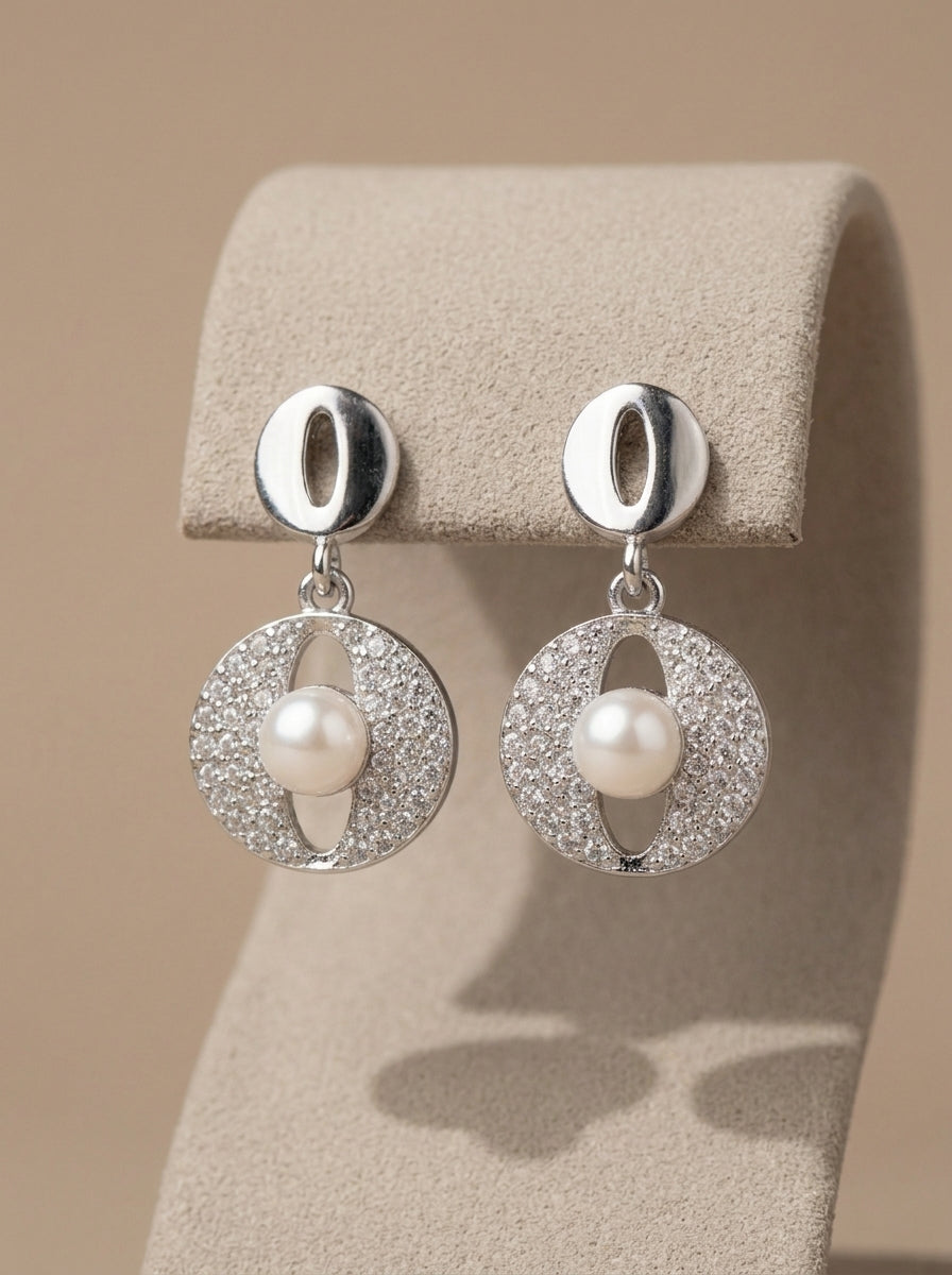 Geometric Oval Pearl Drop Stud Earrings Sterling Silver