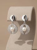 Geometric Oval Pearl Drop Stud Earrings Sterling Silver