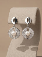 Geometric Oval Pearl Drop Stud Earrings Sterling Silver