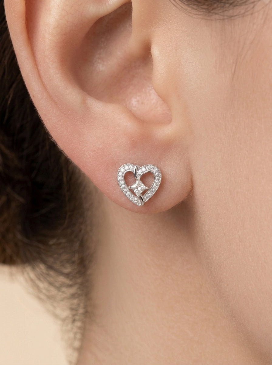 Princess Cut Heart Earrings Sterling Silver